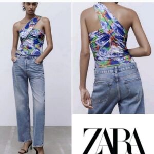 NWOT Zara Asymmetrical Silky One Shoulder Bodysuit, Stretch, Floral